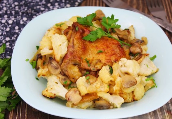 Chicken Thighs Baked with Cauliflower and Sour Cream Mushroom Sauce