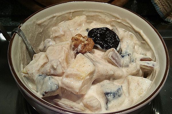 Apple and Plum Breakfast with Cinnamon Yogurt and Walnuts
