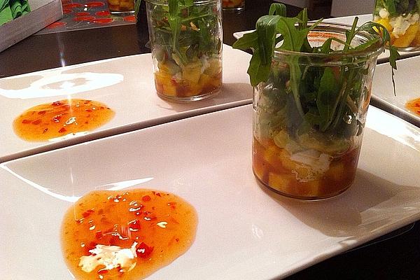 Avocado-mozzarella-mango Salad with Chicken Skewer