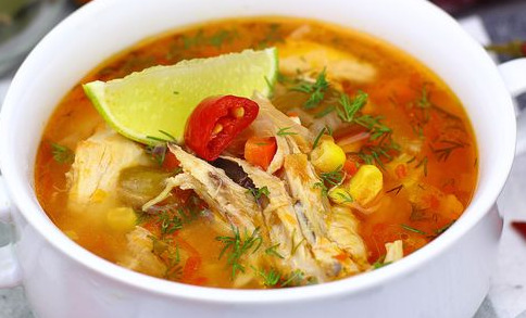 Spicy Chicken Soup with Corn, Tomatoes and Lime Juice