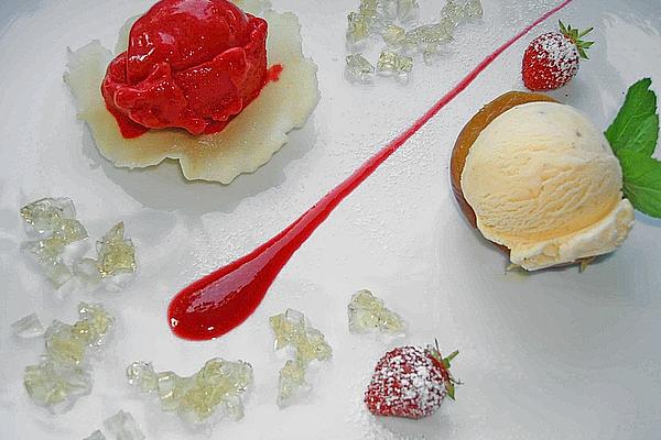 Braised Peach with Raspberry Sorbet and Elderflower Jelly