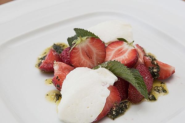 Buttermilk Mousse with Strawberries and Nut Pesto