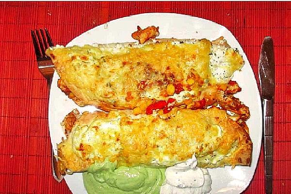 Chicken Chiladas with Homemade Guacamole and Sour Cream