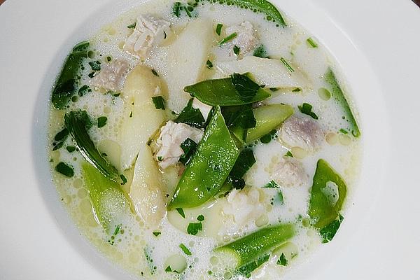 Chicken Soup with Asparagus, Sugar Snap Peas and Rice