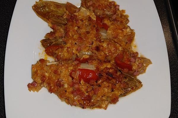 Chicory with Tomatoes, Gratinated with Cheese and Ham