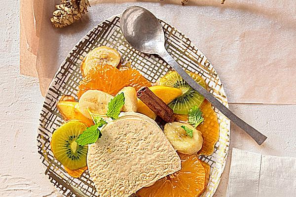 Cinnamon Parfait with Fruits in Christmas Caramel Sauce