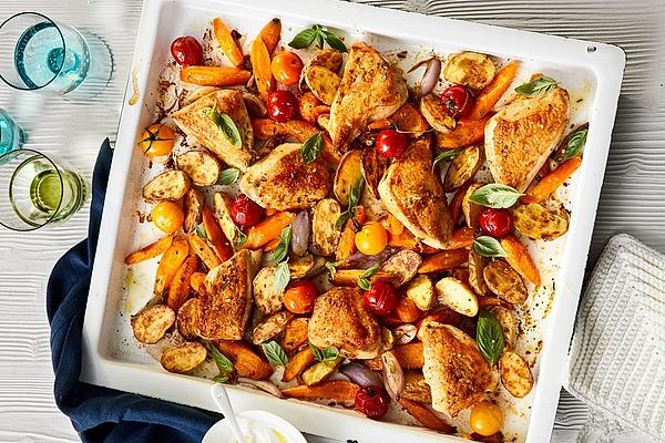 Crispy Chicken Legs on Potato and Carrot Bed
