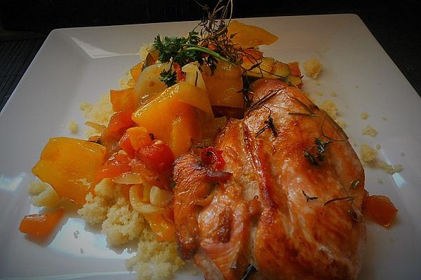 Crispy Chicken Legs on Roasted Vegetables with Couscous