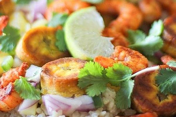 Cuban Sauteed Prawns with Coconut Rice, Mango Salsa and Fried Plantains