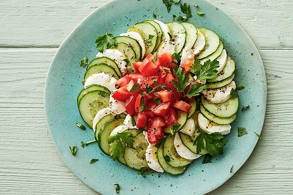 Cucumber and Mozzarella Carpaccio with Tomato and Parsley Tartare