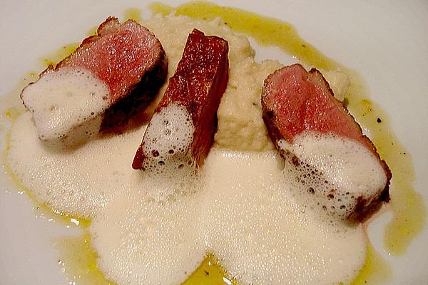 Duck Breast with Cauliflower Nougat Puree, Thyme Jus and Cinnamon Foam