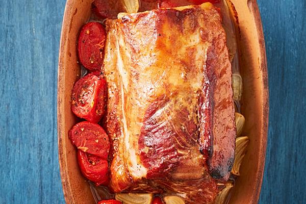 Farmer Harms´ Smoked Pork Roast in Römertopf with Honey, Mustard and Tomato Sauce
