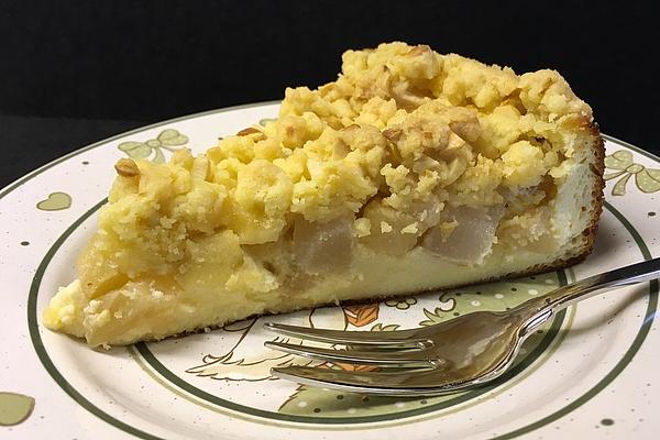Fine Apple and Pear Cake with Quark and Yoghurt Cream and Crumbly Butter and Almond Sprinkles