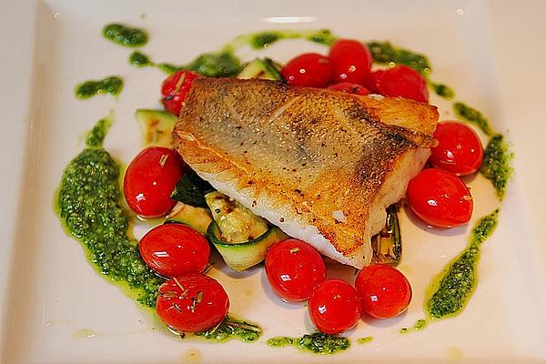 Fish Fillet Fried on Skin on Grilled Courgette Vegetables with Wild Garlic Pesto and Marinated Tomatoes
