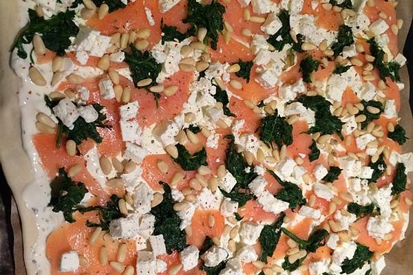 Fred`s Tarte Flambée with Salmon, Feta, Spinach and Pine Nuts