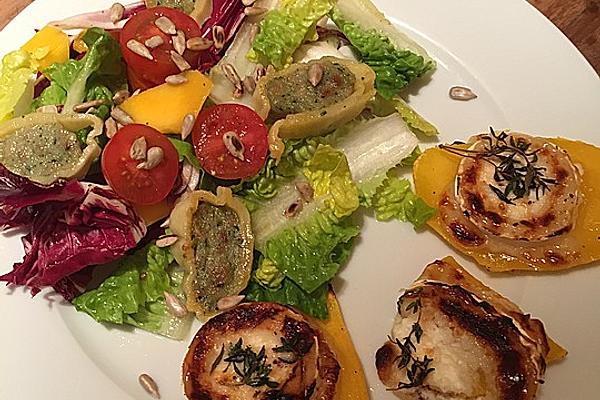 Green Salad with Baked Mango Goat Cheese and Ravioli