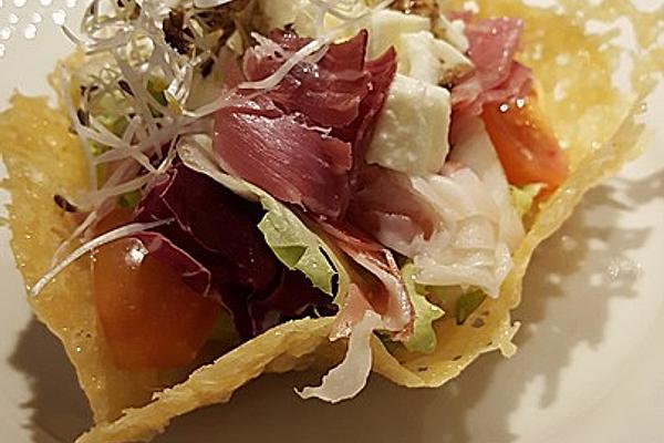 Parmesan Baskets Filled with Tomato and Mozzarella Salad