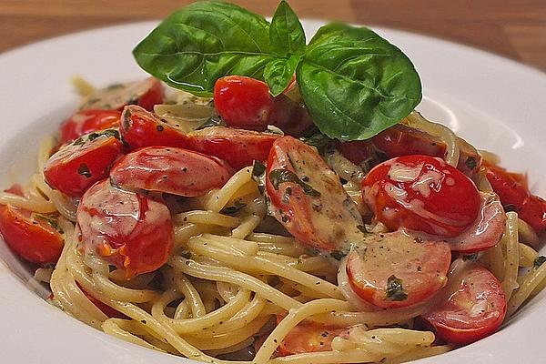 Pasta with Marinated Cherry Tomatoes and Cream Cheese