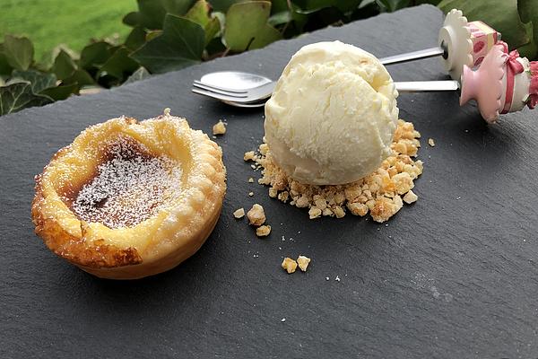 Pasteis De Nata – Custard Tartlets and Marzipan Ice Cream on Almond Crunch