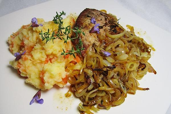 Potato, Carrot and Apple Mash with Onion and Thyme Chops