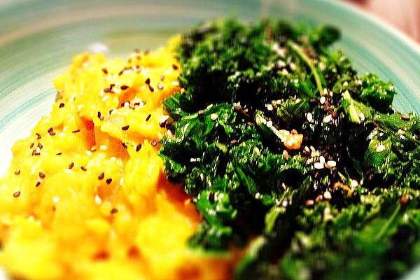 Pumpkin Soup with Sesame and Kale Topping