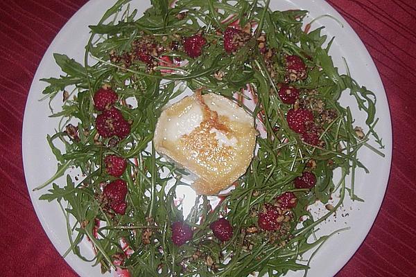 Rocket with Fried Goat Cheese, Raspberries and Caramelized Walnuts