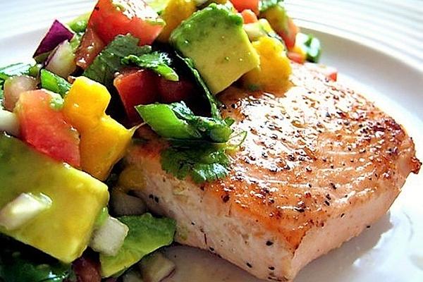Salmon in Honey Glaze with Mango and Avocado Salsa