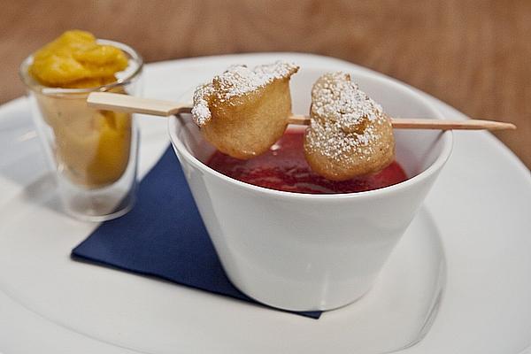 Strawberry Soup with Baked Strawberries and Mango Sorbet