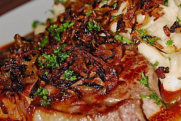 Swabian Onion Roast with Spaetzle and Lamb`s Lettuce