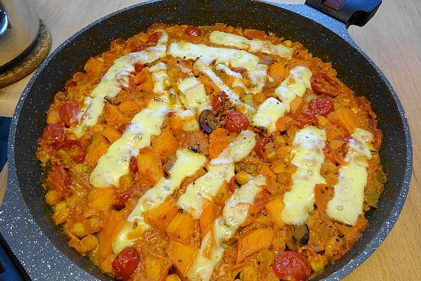 Sweet Potato and Chickpea Casserole with Chestnuts and Leeks, Indian Style