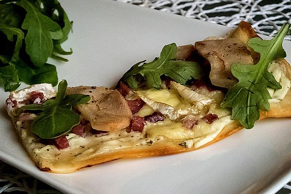 Tarte Flambée with Pear, Camembert and Rocket