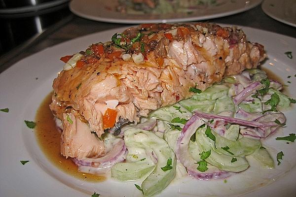 Teriyaki Salmon on Wasabi – Cucumber Salad