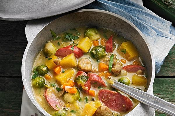 Turnip Brussels Sprouts Stew with Chestnuts and Sausage