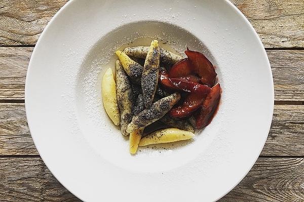 Two Kinds Of Potato Noodles with Poppy Seeds and Caramelized Plums
