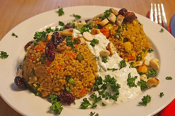 Vegetable Couscous with Nuts and Yogurt Sauce