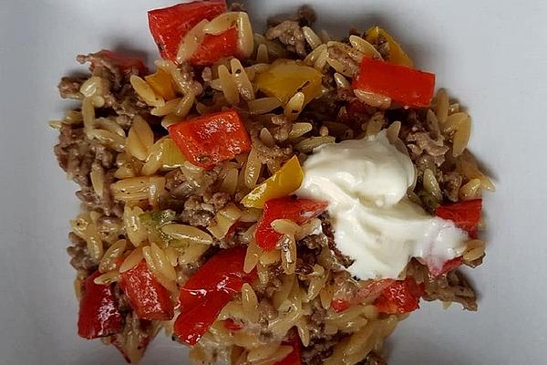 Angis Mince Pan with Kritharaki Noodles