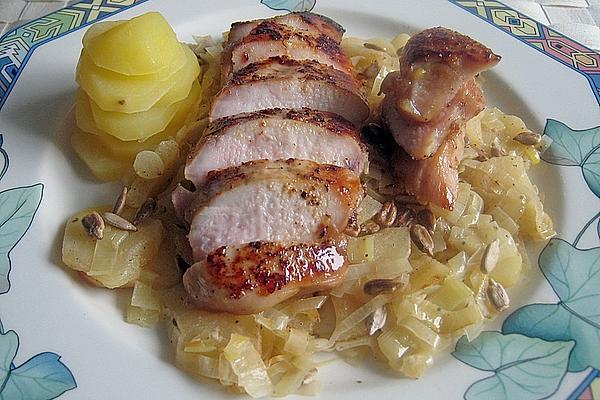 Asian Chicken Breast Fillet Marinated on Apple and Leek Vegetables