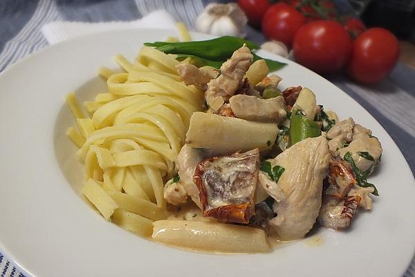 Asparagus and Chicken Slices on Ribbon Noodles