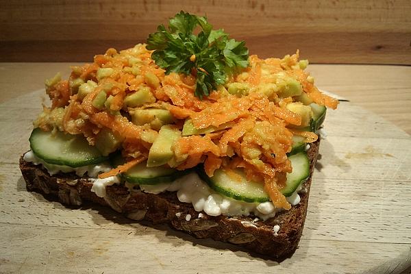 Avocado, Carrot and Cream Cheese Spread on Whole Grain Bread