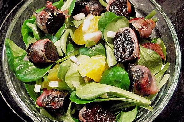 Bacon – Plums on Lamb`s Lettuce with Filleted Oranges