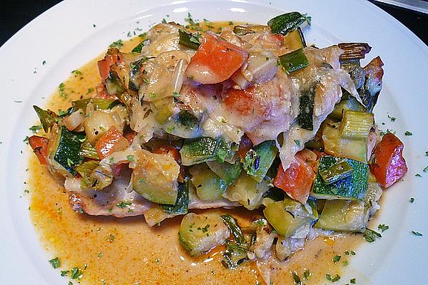 Baked Chicken Schnitzel with Gorgonzola Vegetables