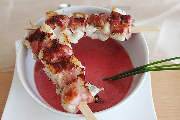 Beetroot – Foam Soup with Fish Skewers