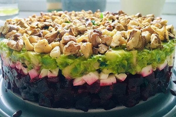 Beetroot, Mozzarella and Avocado Tartare with Nuts
