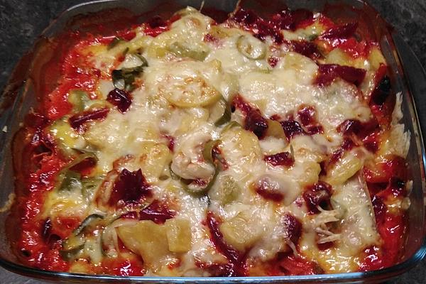Beetroot, Potato and Leek Gratin