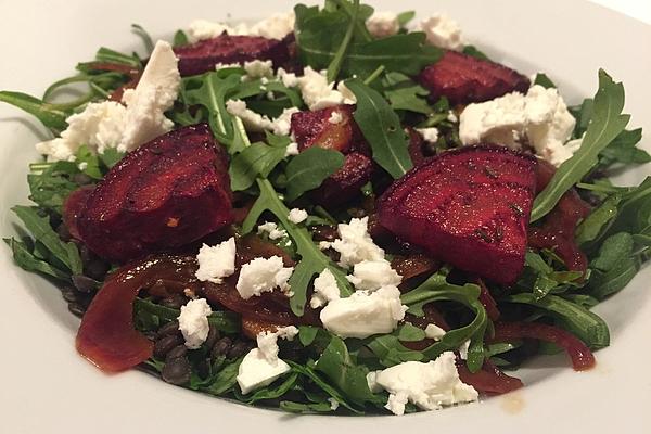 Beluga Lentil and Rocket Salad with Fried Beetroot and Feta