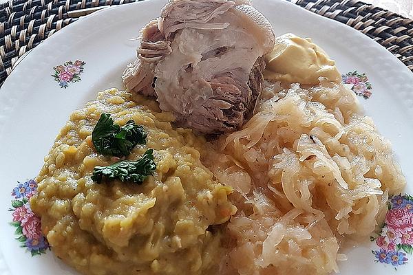 Berlin Pork Knuckle with Sauerkraut and Pea Puree