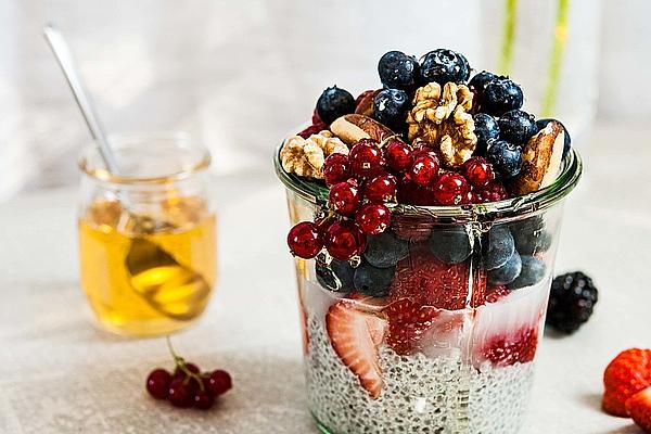 Berry Mix with Chia Seeds, Coconut Milk, Nuts and Honey