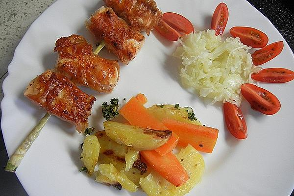 Blacky`s Potato Carrot Vegetables from Tray with Salmon Skewers