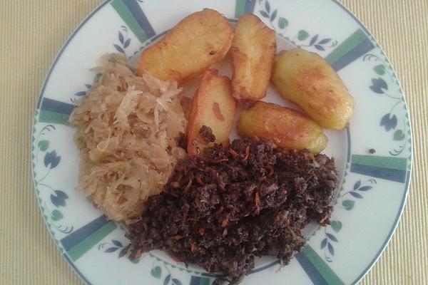 Blood and Liver Sausage Gröstl with Sauerkraut and Jacket Potatoes