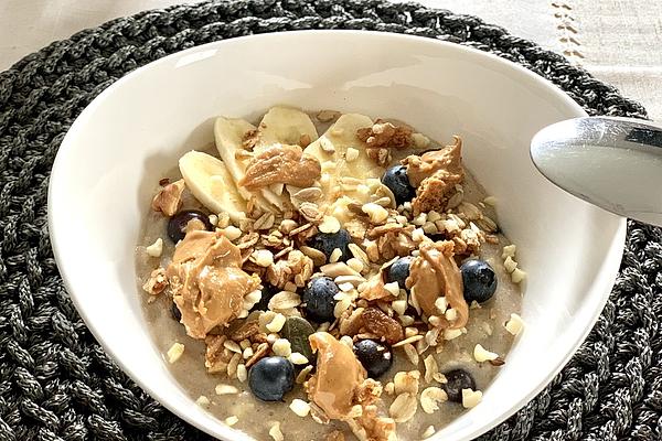 Blueberry Porridge with Peanut Butter Sauce